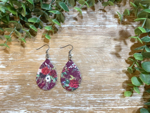 1.75" Teardrop Earrings - Burgundy Floral